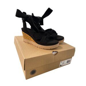 UGG Womens Ileana Wrap Sandals Size 6.5 Black Suede Wedge Espadrille Style New